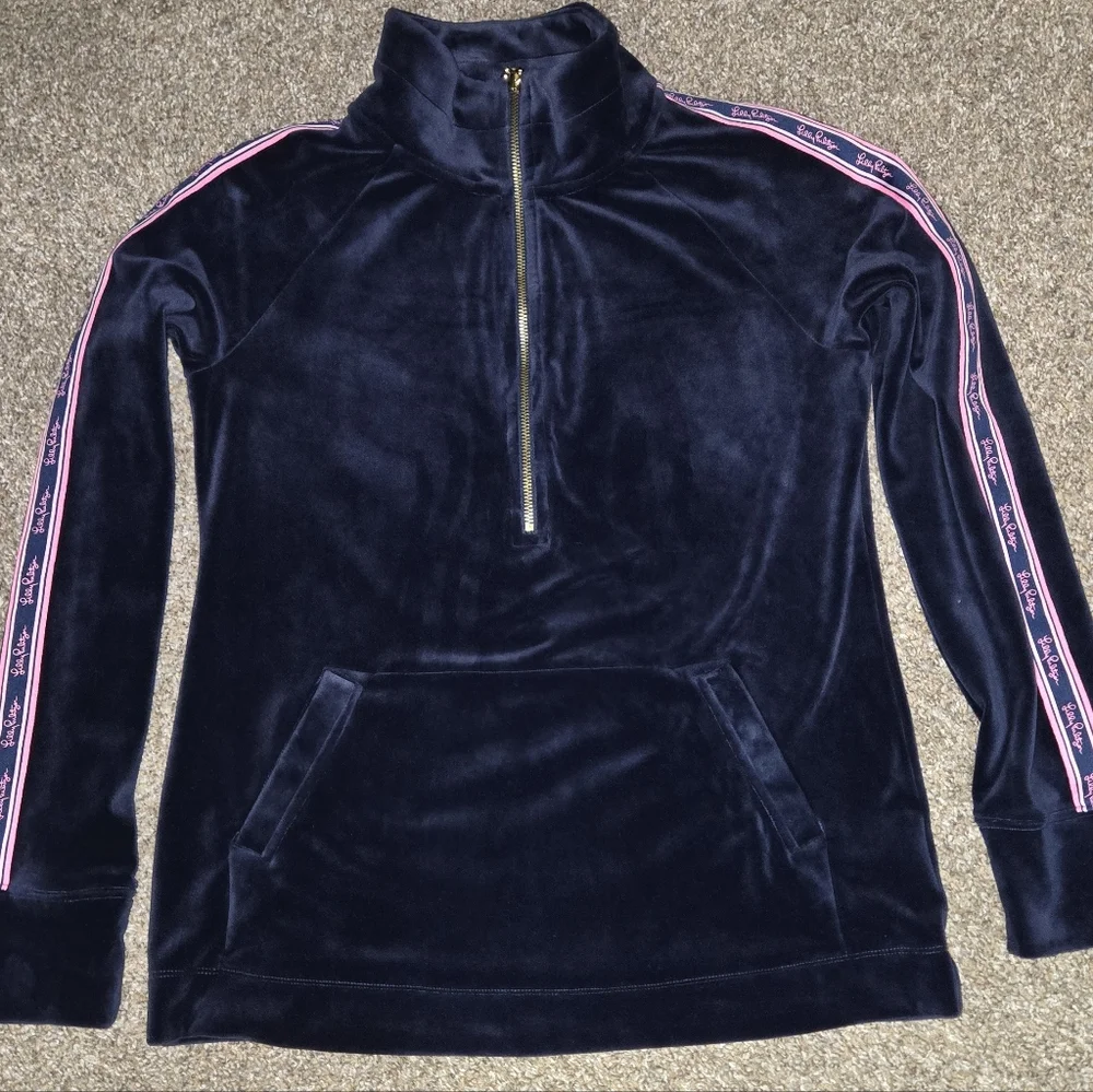 Lilly Pultzer Navy Pullover with Pink Accents, Velour, EUC - Picture 1 of 5